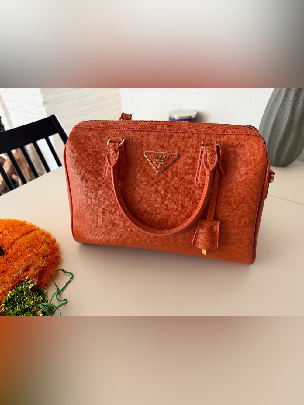 Prada Saffiano Lux Bowler Bag Papaya Orange Leather Top Handle Satchel - Picture 2 of 15